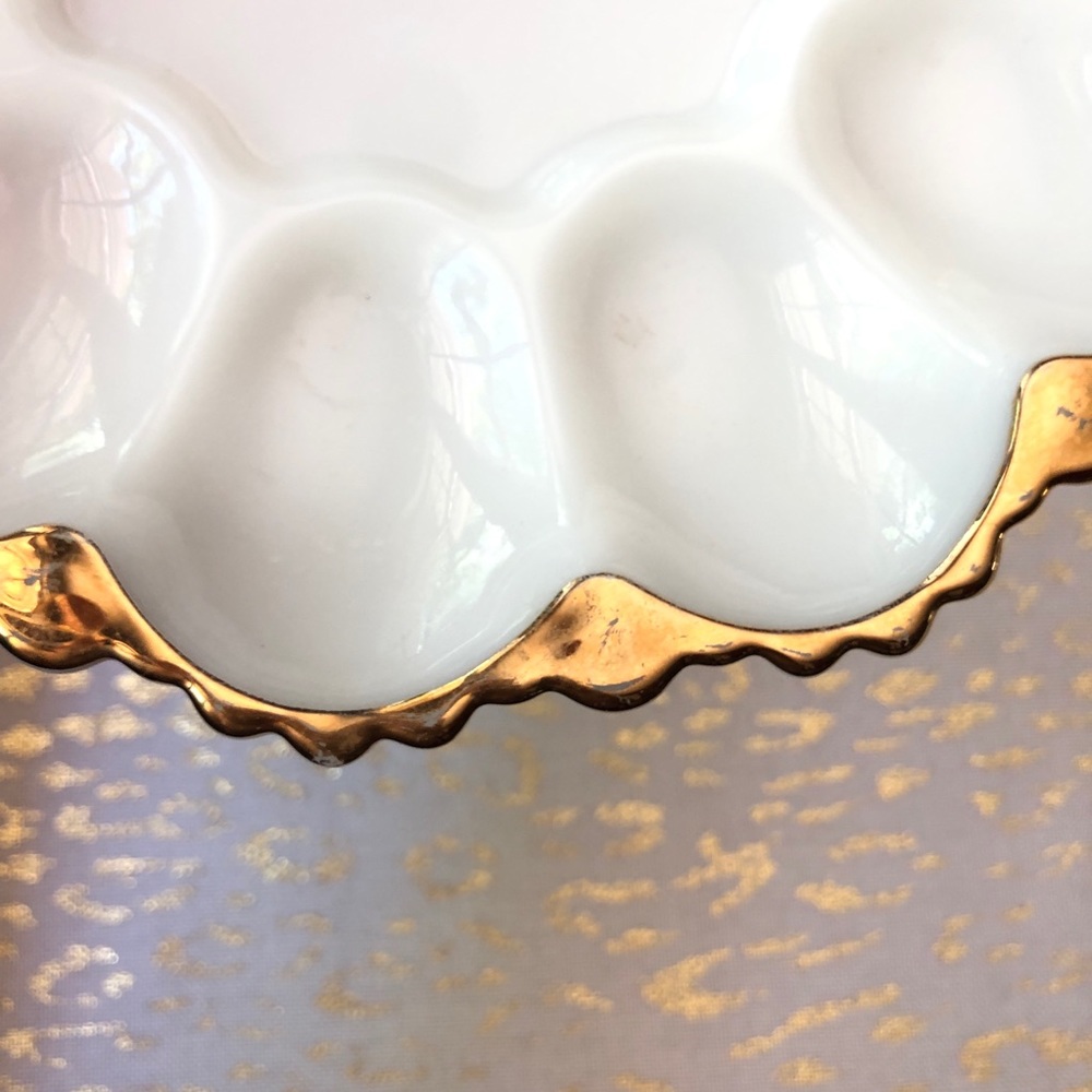 Vintage Milk Glass 12 Deviled Egg Plate Gold Trim Ornate 10" - Picture 7 of 8